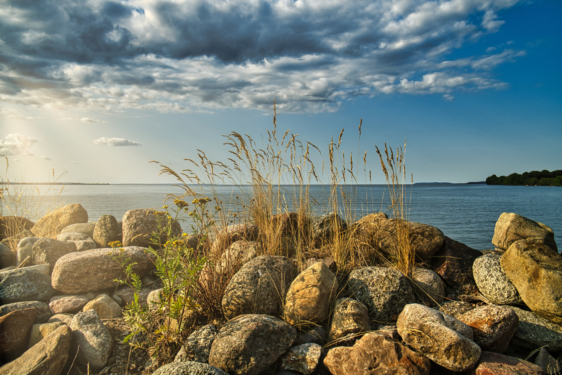 Stenar och gräs vid Vättern.